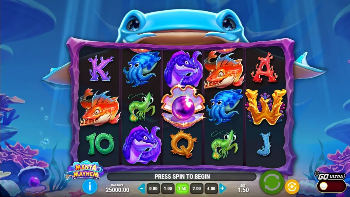Tampilan visual slot Manta Mayhem dengan latar belakang terumbu karang yang cerah.