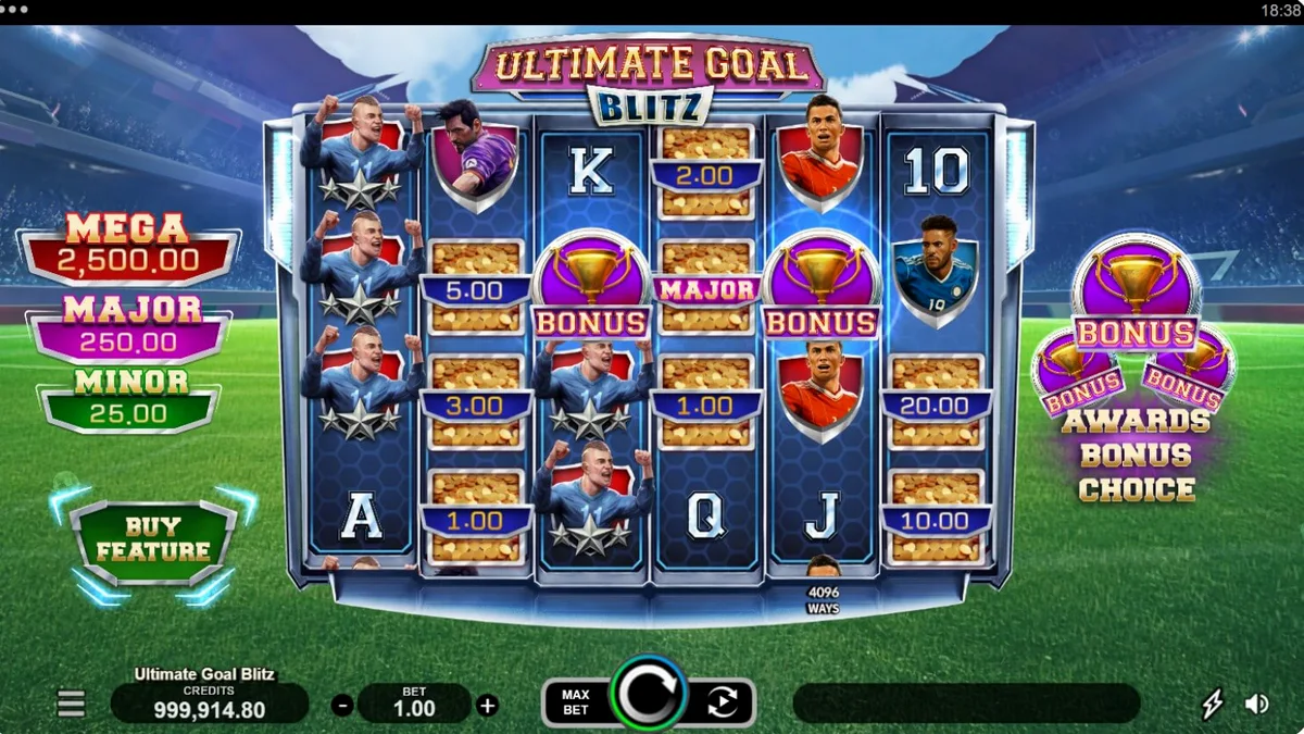Tampilan visual stadion sepak bola dalam permainan slot Ultimate Goal Blitz