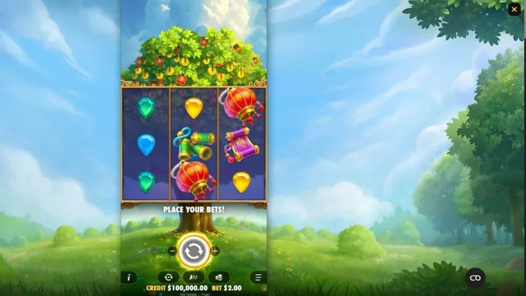 Lucky Fortune Tree slot gameplay interface dengan latar belakang lembah Asia yang tenang