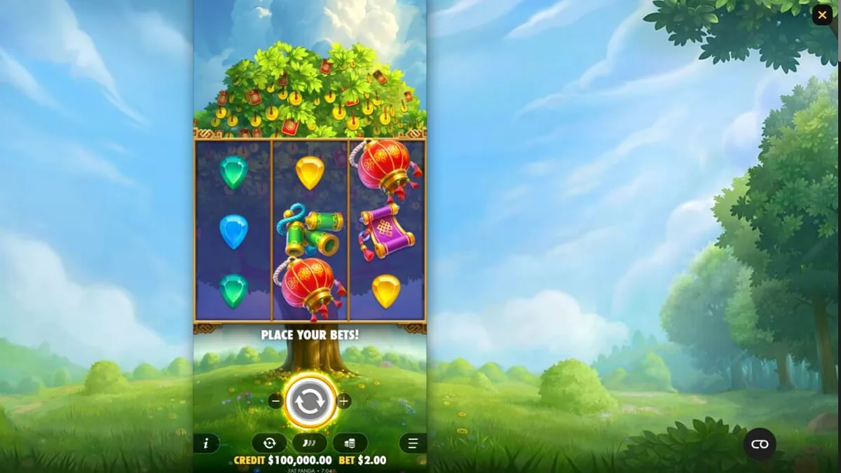 Lucky Fortune Tree slot gameplay interface dengan latar belakang lembah Asia yang tenang